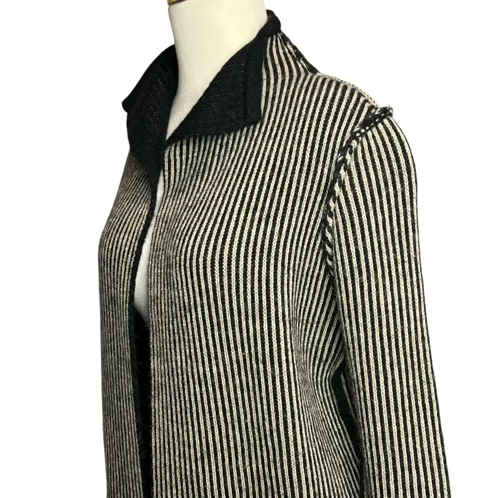 Cocogio Cardigan Sweater M Black‎ Tan Striped Wool Blend Cozy Coatigan Italy